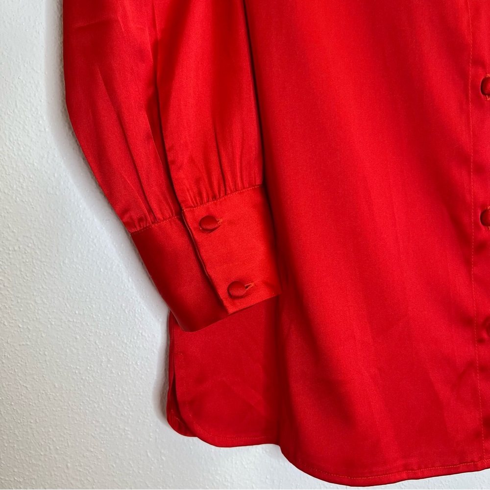 Red Long-Sleeve Button Down Stretch Satin Shirt - Picture 4 of 6